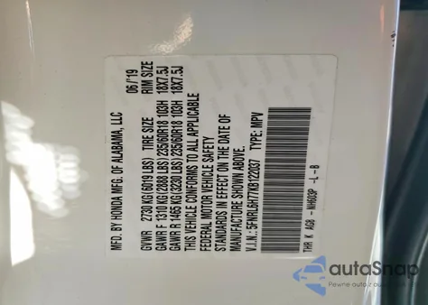 2019 Honda Odyssey Exl z USA, uszkodzony, nr VIN 5FNRL6H77KB122037